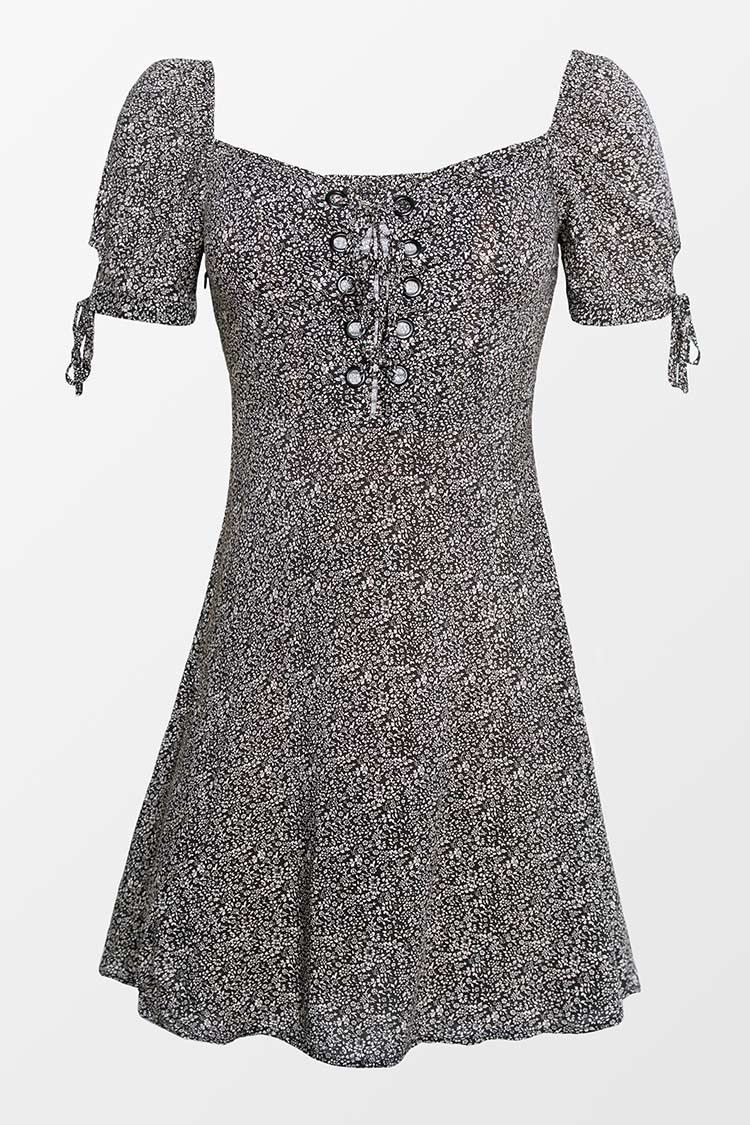 Litzy Ditsy Lace Up Tie Short Dress