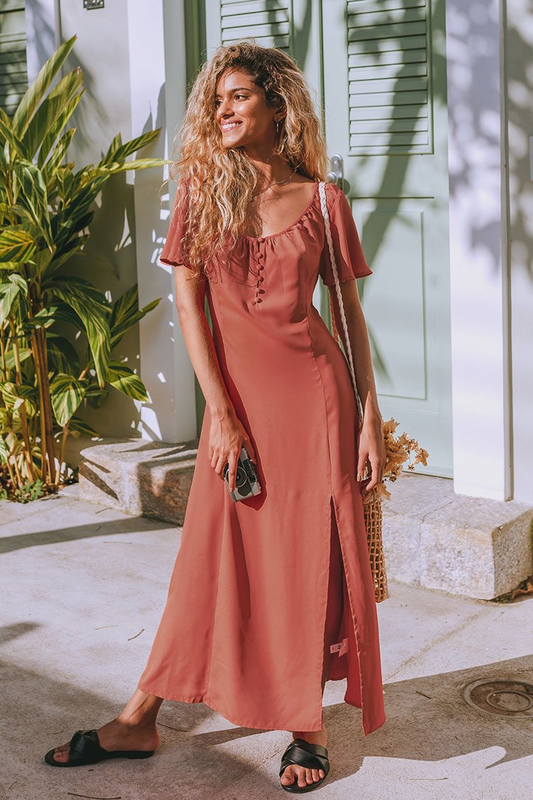 Guadalupe Short Sleeve Button Split Maxi Dress