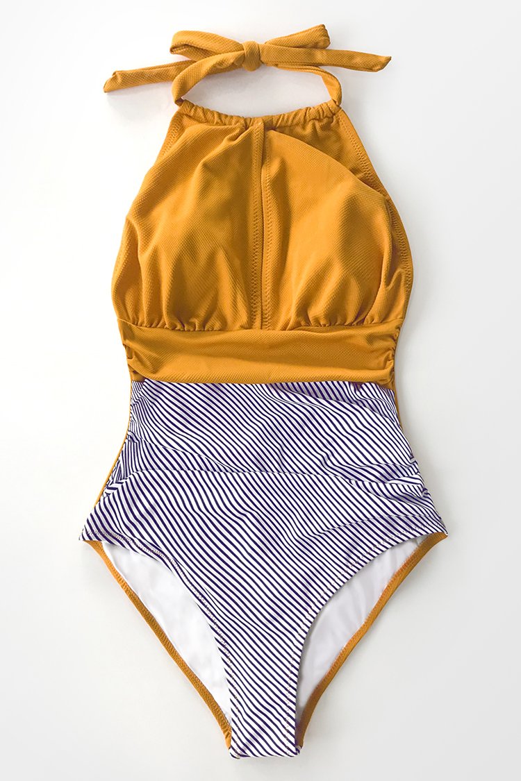 Textured and Striped Halter One Piece Swimsuit