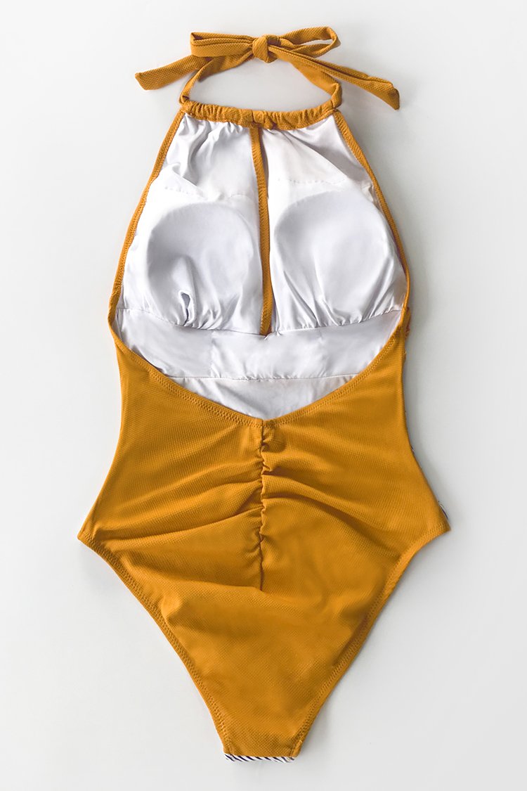 Textured and Striped Halter One Piece Swimsuit