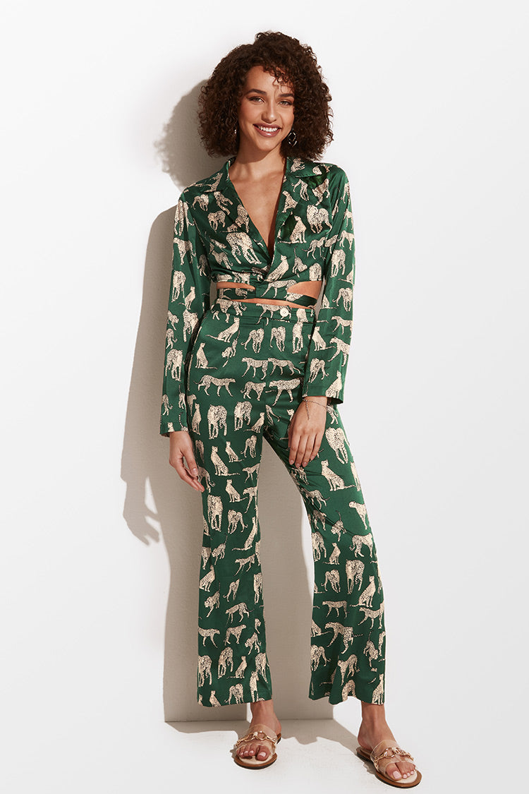 Graciela Zip Front Animal Pattern Flared Pants