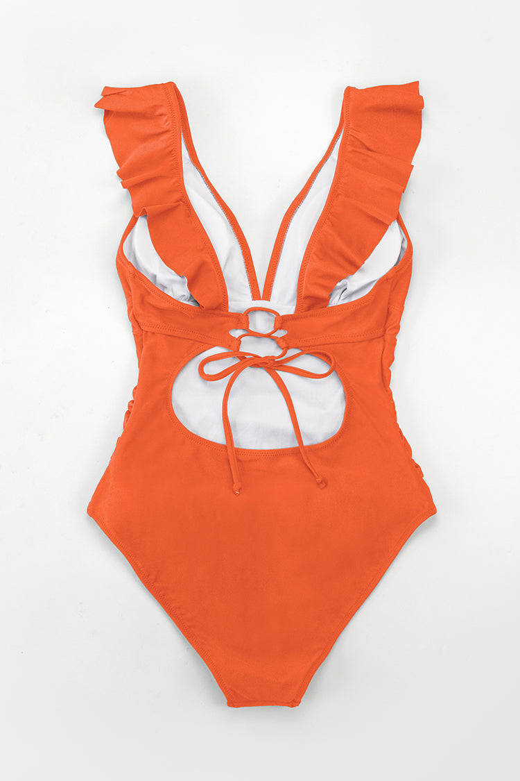 Summer Seaside Ruffled Ruched Plunge Tummy Control One Piece