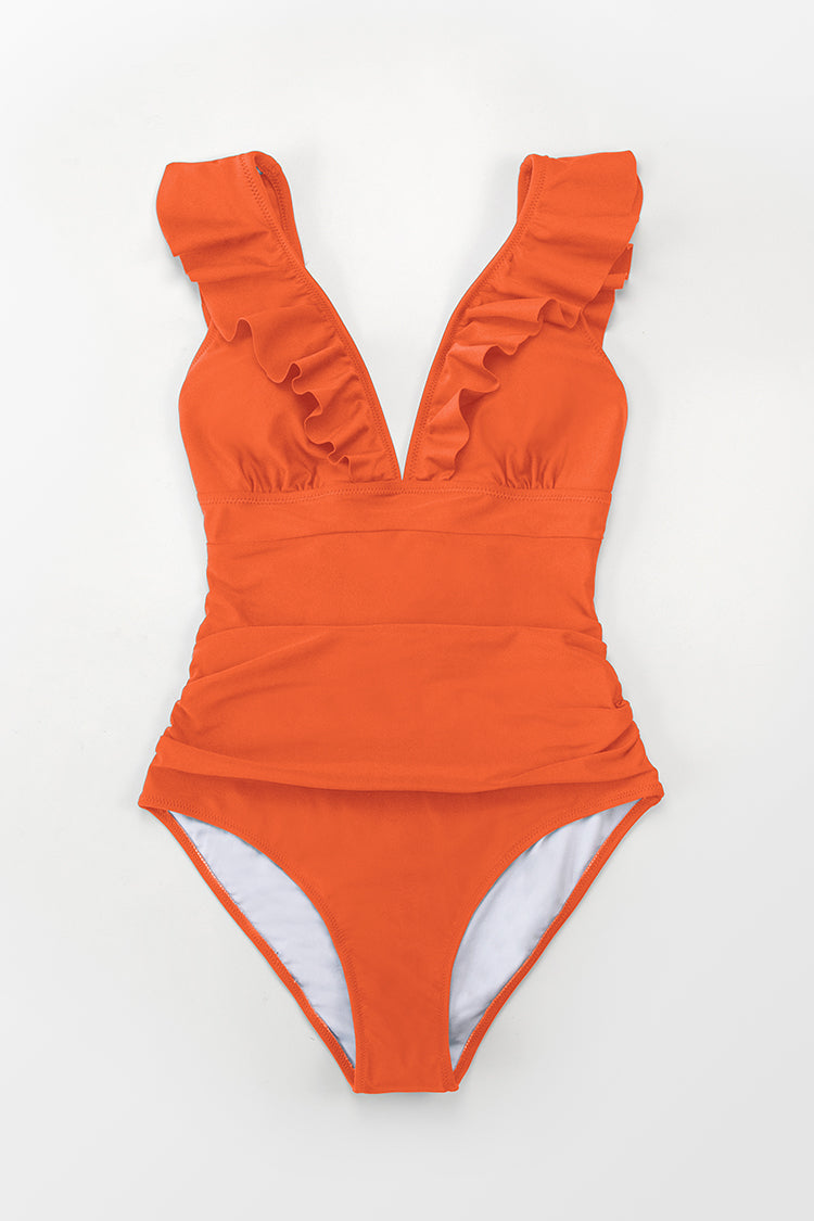 Summer Seaside Ruffled Ruched Plunge Tummy Control One Piece