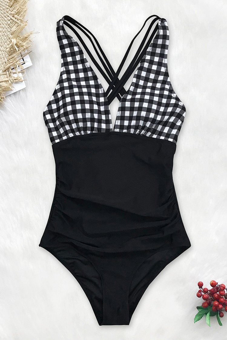 Black and White Gingham Ruched One Piece Swimsuit