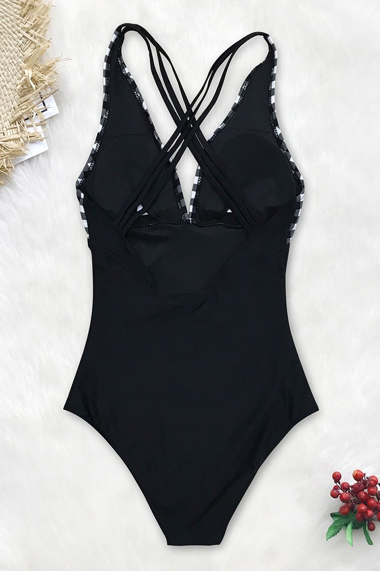 Black and White Gingham Ruched One Piece Swimsuit